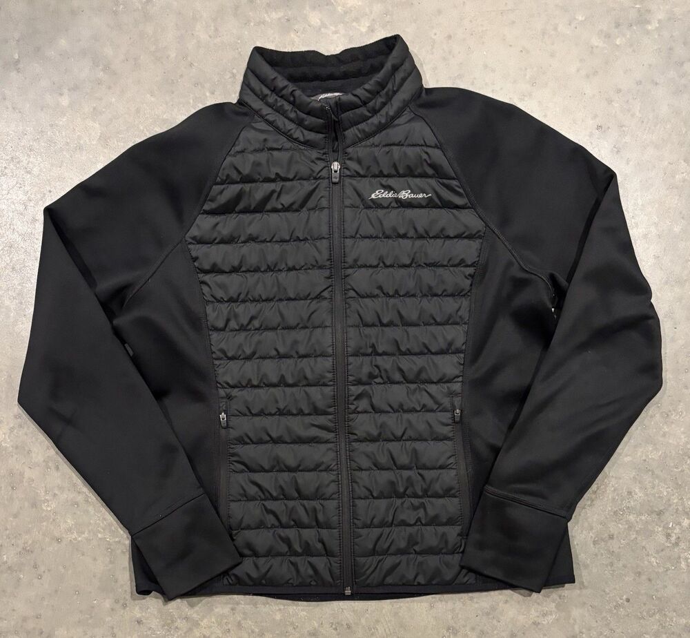 Eddie Bauer Womens XL Black Puffer Jacket Fleece Lined Full Zip